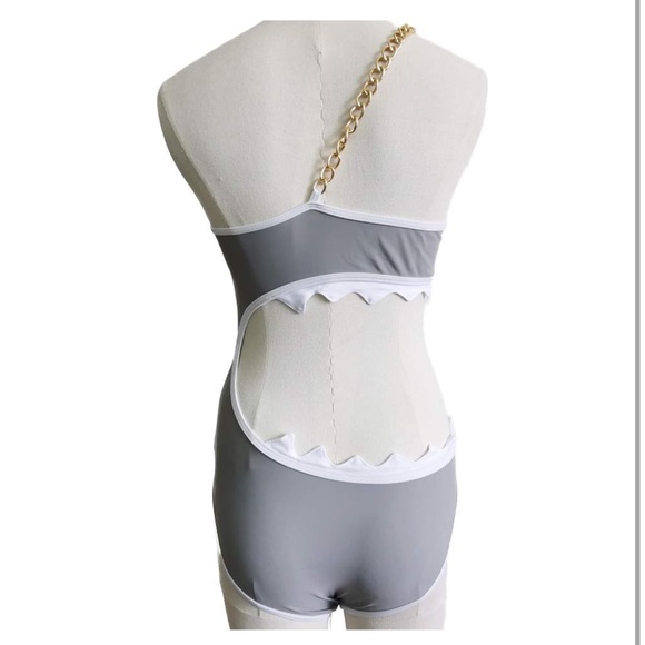 Gray Shark Bite White Teeth Open Side Bathing Suit One-Shoulder Swimsuit Gold S - Picture 4 of 11